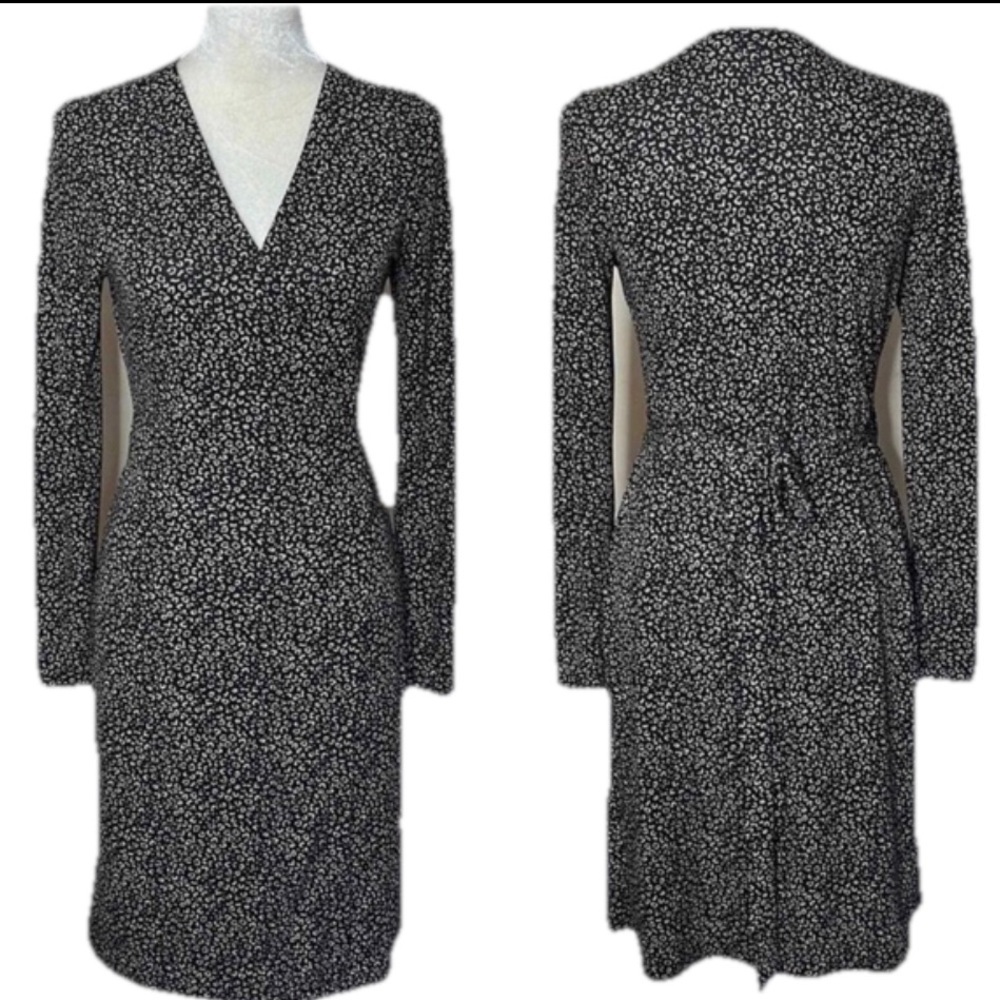 Ann Taylor Animal Print Wrap Dress Size 10 Black & Tan Long Sleeve Knee Length - Picture 1 of 7